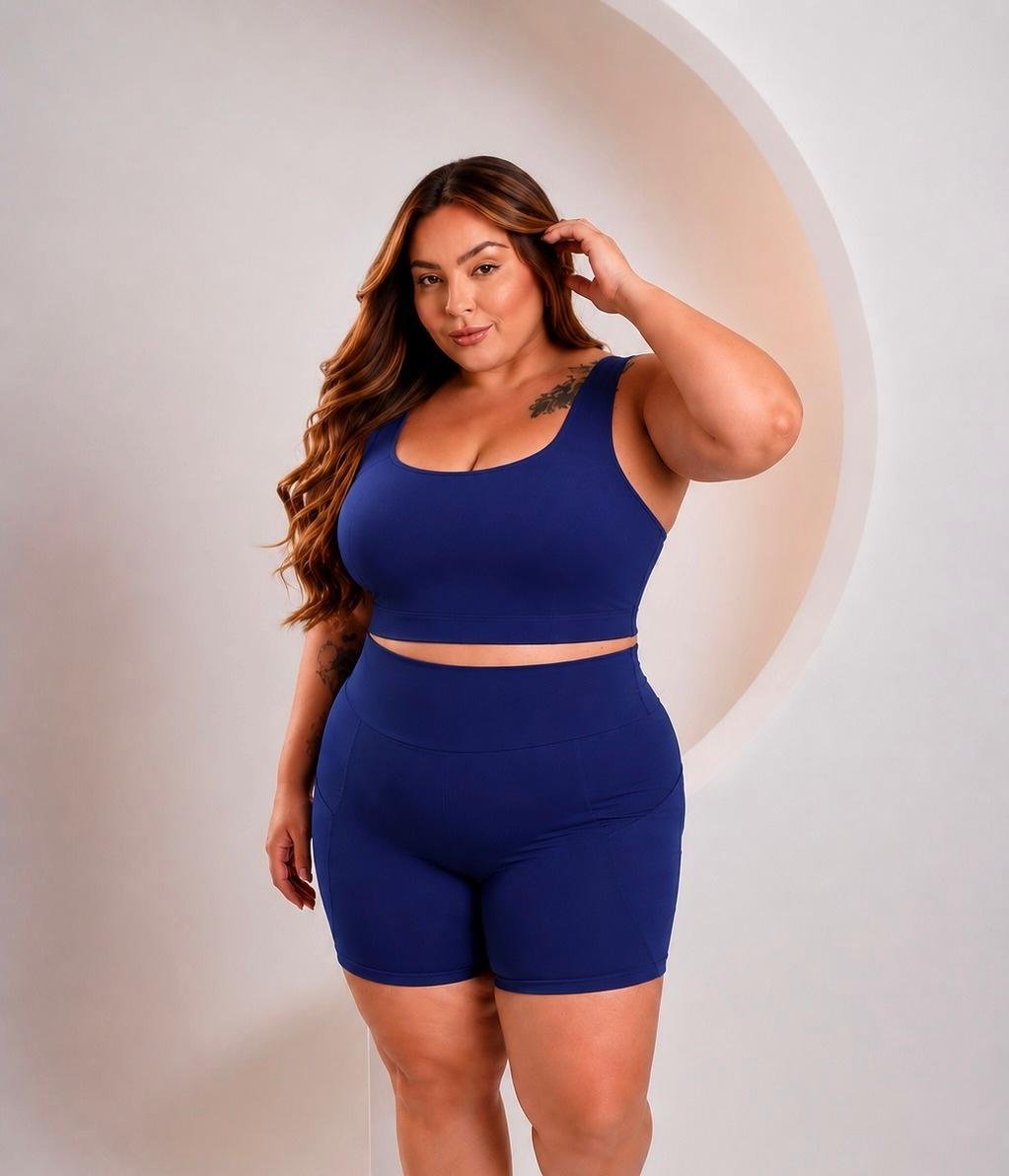CONJUNTO SHORT POLIAMIDA LISO COM BOLSO ARREDONDADO PLUS SIZE TOP ALÇA LARGA