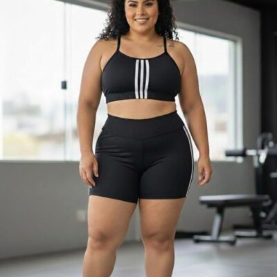 CONJUNTO SHORT POLIAMIDA LISO TOP COM BOJO DETALHE LISTRA PLUS SIZE